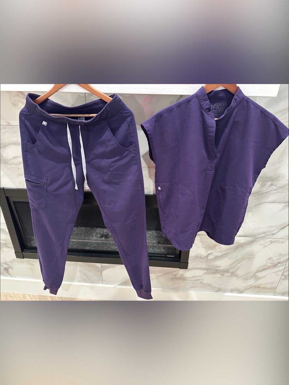 Figs Purple Scrub Set with Grey Drawstrings Top XXS Bottom Small Tall